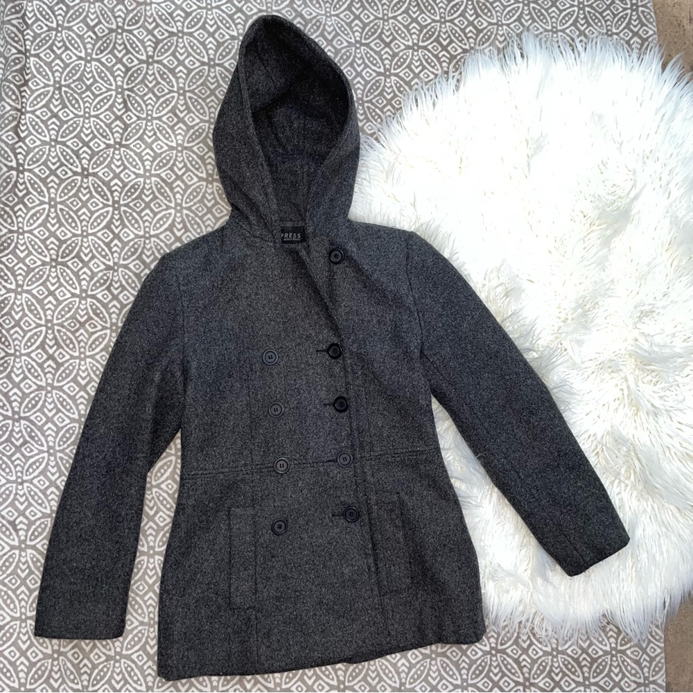 Women’s Charcoal Gray Double-Breasted Hooded Wool Coat Sz 3/4 Express